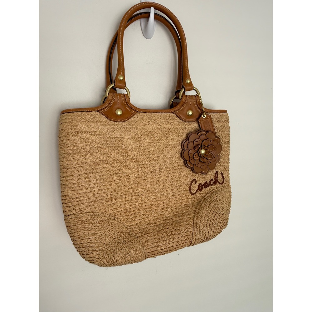 Coach Bleecker Natural Straw Tan Leather Floral Summer Bag MO0868-F13373 - Picture 2 of 16